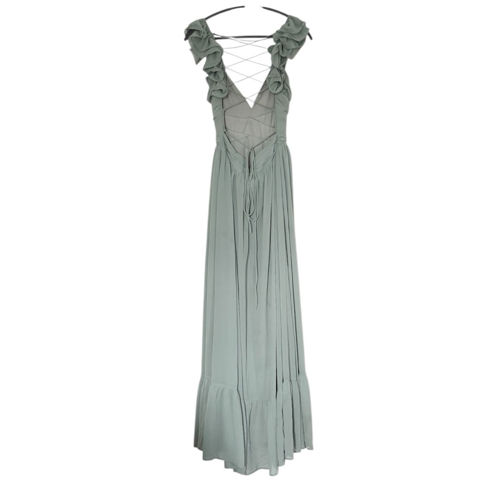 Lulus Soiree Celebration Light Blue Green Floral Ruffled Lace-Up Maxi prom Dress - Picture 8 of 12